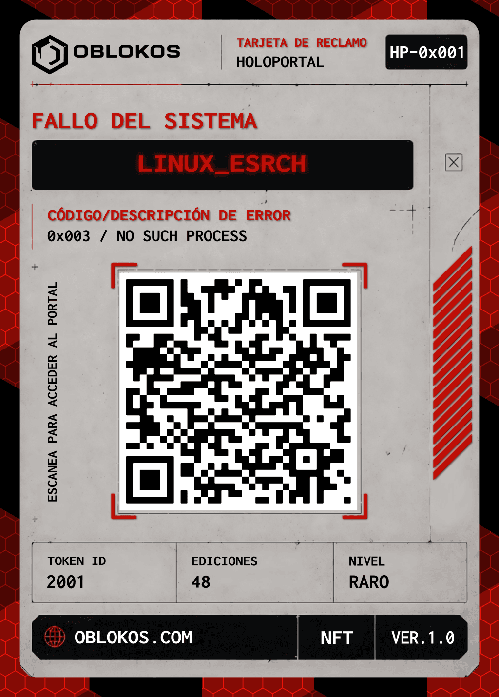 Diseño frontal de la Claim Card HP1 del token 2001, Linux_Error.